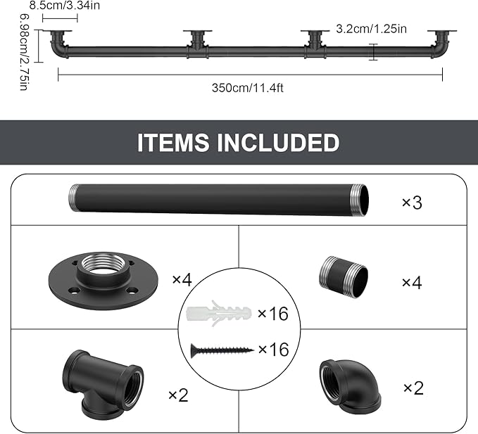 11.4FT Industrial Stair Railing Wall Mount Staircase Handrail φ1.3 Pipe Hand Rail for Steps Grab Bar Foot Rail Vintage Pipe Railing Black Deck Handrail for Outdoor Indoor Stairs Porch