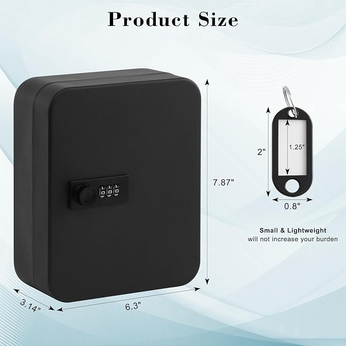 KYODOLED 20 Key Storage Lock Box with Code, Key Cabinet Organizer Wall Mount with Combination Lock, Key Hooks & Labels, 7.87 x 6.3 x 3.14 in, Black