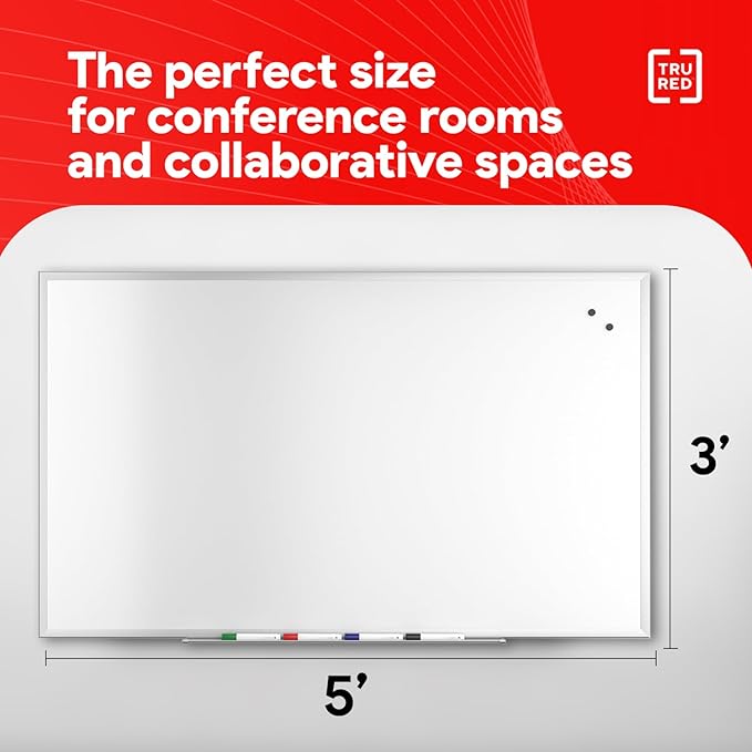 Staples TRU RED Magnetic Dry Erase Whiteboard, 5 x 3 Feet, 4 Multicolor Markers, Satin Finish Aluminum Frame for Home, Office, School, White