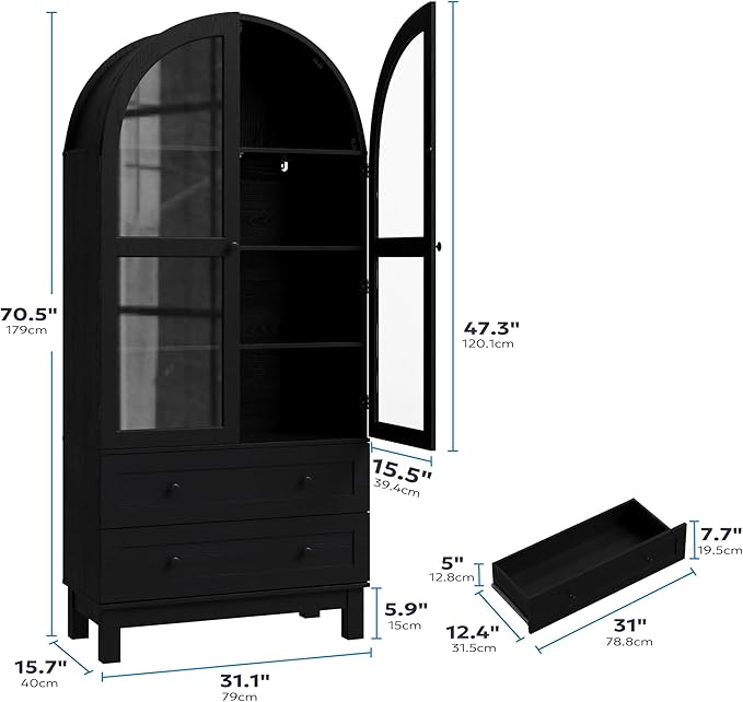 71" Tall Arched Kitchen Pantry, Kitchens Pantry Storage Cabinet with 2 Large Drawers and Adjustable Shelves, Modern Farmhouse Versatile Cupboard for Kitchen, Dining Room, Bathroom, Black