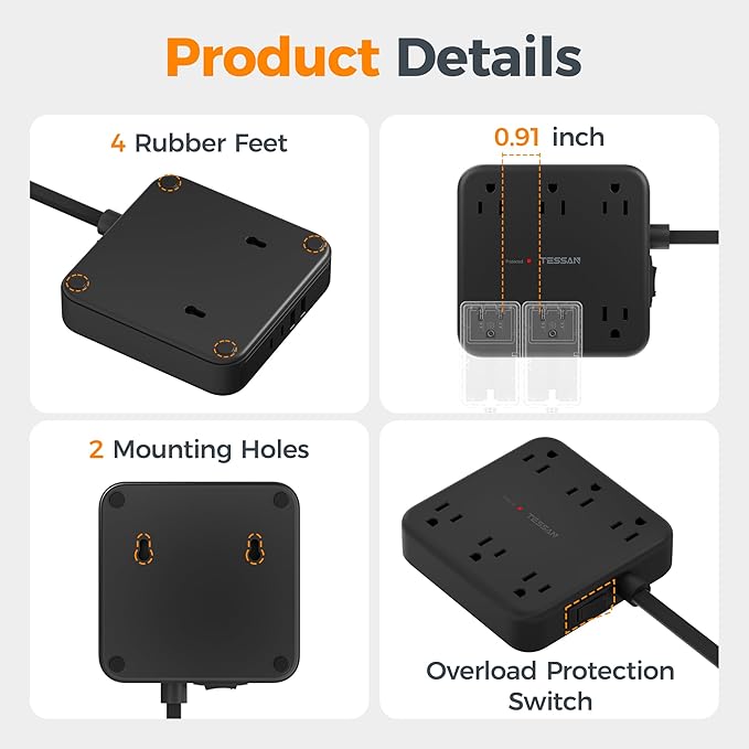 TESSAN 10Ft Black Extension Cord with Multiple Outlets, Flat Plug Surge Protector Power Strip with 6 Outlets and 4 USB Ports (2 USB C), PD 20W Fast Charger, 2100J Protection, for Home, Office, Dorm