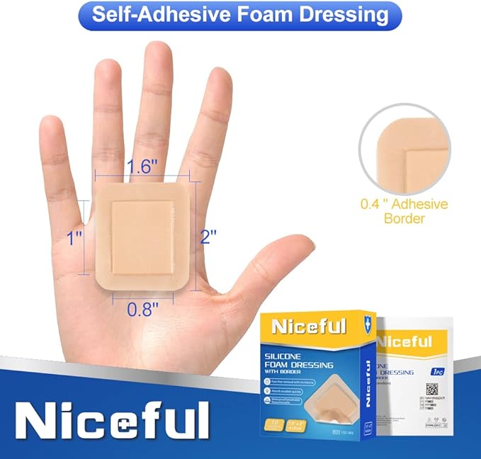 10 Count Silicone Foam Dressing 1.6" x 2", Wound Dressing for Minor Surgical Incisions, Abrasions, Absorbent Silicone Bandages for Sensitive Skin, Small Bed Sore Bandages