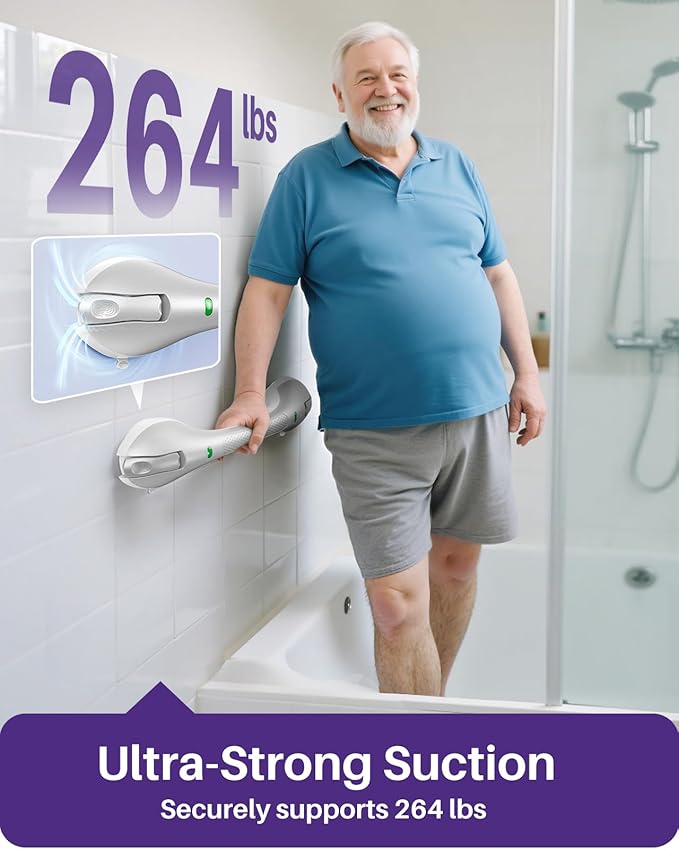 KEKOY 17.5 Inch Suction Grab Bars for Bathtubs and Showers with Indicator - Heavy Duty Safety Shower Handle for Seniors and Elderly, Handicap Bars for Bathroom, No Drilling and Removable, Silver