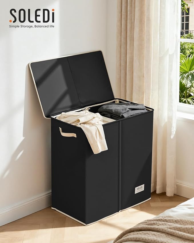 SOLEDI Large Double Laundry Hamper with Lid, Collapsible Clothes Hamper 2 section with Removable Bags, Space-Saving Laundry Basket for Bedroom, Dorm, College