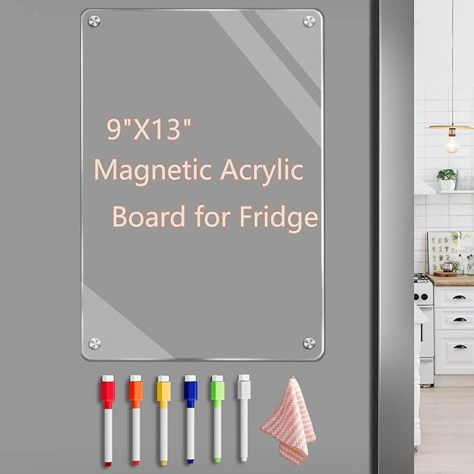 9"X13" Acrylic Dry Erase Board for Refrigerator,Clear Magnetic Dry Erase Board for Fridge,Includes 6 Colors Markers