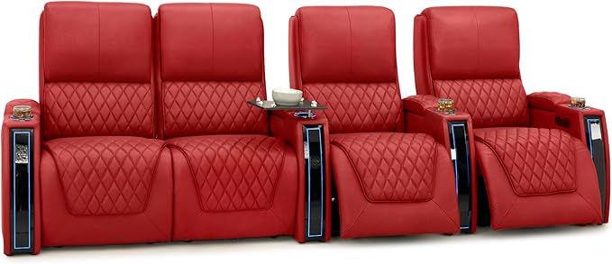 Seatcraft Apex Zero-Gravity CoolZero Italian Leather Home Theater Seating, Powered Headrest, Powered Lumbar, Powered Recline, Row of 4 Left Loveseat, Red