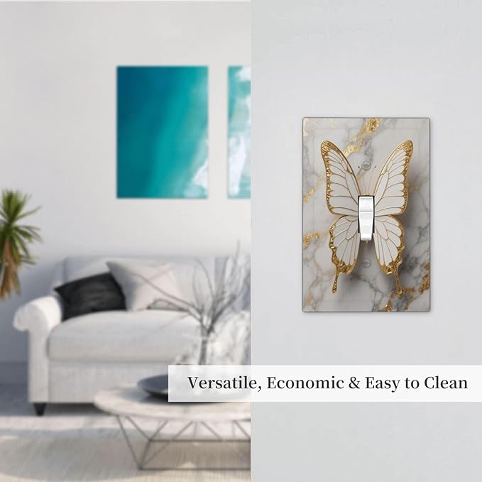 Gold Marble Shine Butterfly Abstract Modern Print Decorative Light Switch Cover 1 Gang Single Toggle Device Electrical Faceplate Switchplates Decorator Outlet Wall Plate for Bed Room Bathroom Decor