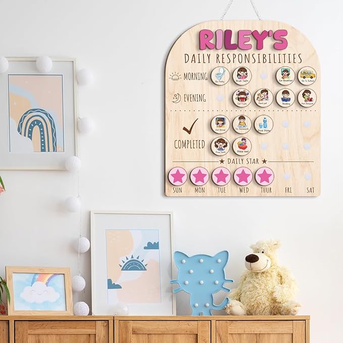 Personalized Wooden Chore Chart for Kids 15x17", Visual Schedule, Routine Chart for Kids, Morning Bedtime Routine Chart for Toddlers Ages 2-4, Daily Kids Schedule Board for Home (11)
