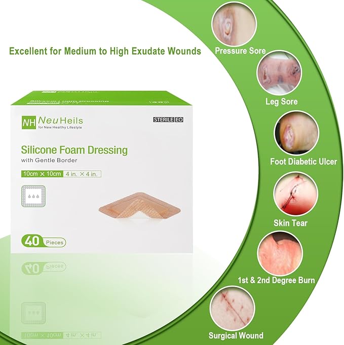 NeuHeils Silicone Foam Dressing with Gentle Border 4''x4'', 40 Pack - High Absorbency Waterproof Wound Bandage for Bed Sores, Leg Ulcers & Surgical Wounds