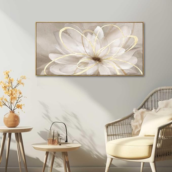 Framed Abstract Wall Art Gold Pictures Wall Decor Line Painting on Canvas 20"x 40" Contemporary Floral Artwork for Living room Office Bedroom Aesthetic