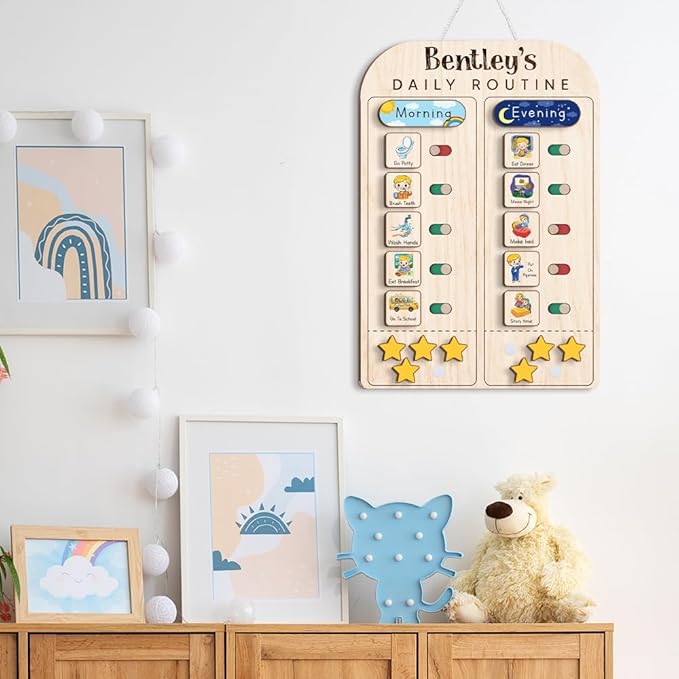 Wooden Chore Chart for Kids Visual Schedule, Routine Chart for Kids, Morning Bedtime Routine Chart for Toddlers Ages 2-4, Daily Kids Schedule Board for Home (19)