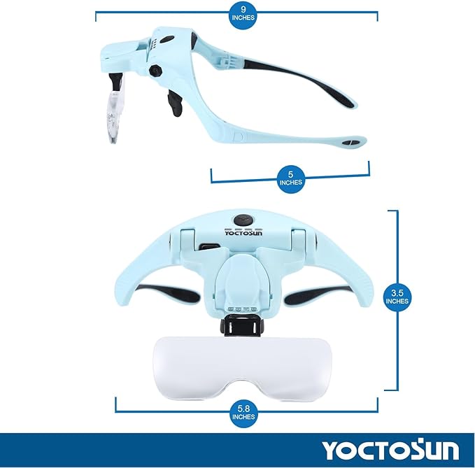 YOCTOSUN Magnifying Glasses with 4 LED Lights, Head Mount Magnifier with Storage Case,5 Lenses, Headband, Hands Free Lighted Head Magnifying Visor for Hobby Crafts & Close Work