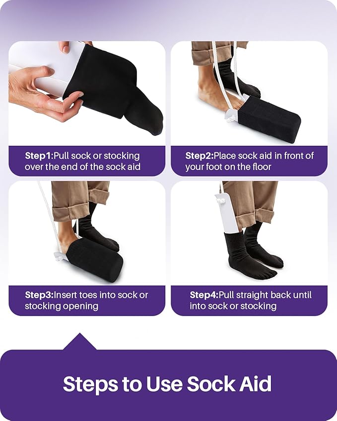 KEKOY 4INCH Sock Aid for Putting on Socks, Sock Assistant Device No Bending with Foam Handles & Long Rope, Sock Helper/Puller Aid Easy Put on for Seniors, Disabled, After Surgery Recovery(White)