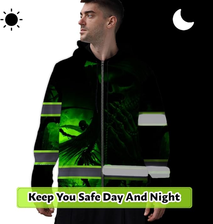 Maddly Hi Vis Reflective Zip Up Hoodie, High Visibility Safety Jacket with Skull Design for runner, worker, trucker, cyclist