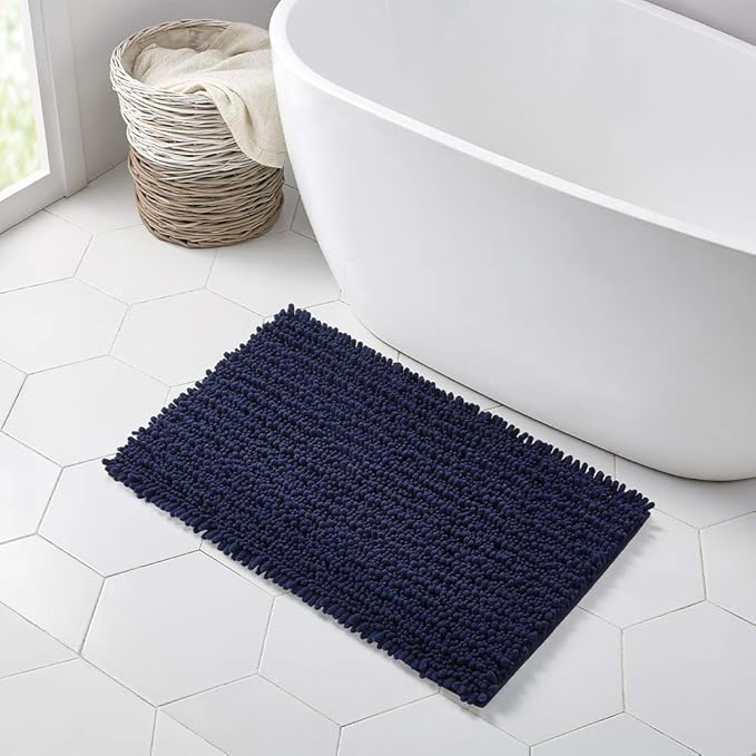 Walensee Bathroom Rug Non Slip Bath Mat (32x20 Inch Navy) Water Absorbent Super Soft Shaggy Chenille Machine Washable Dry Extra Thick Perfect Absorbant Best Large Plush Carpet for Shower Floor