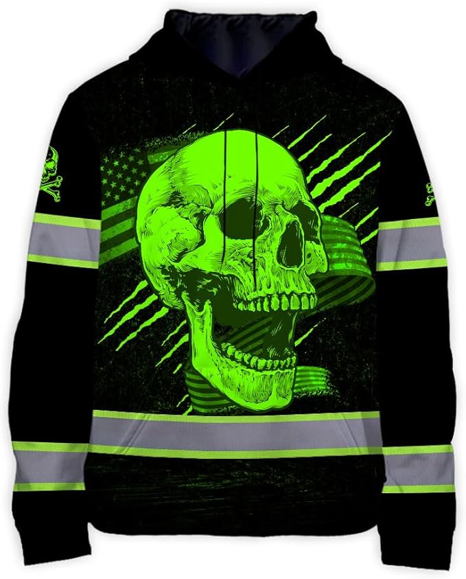 Matedecor Skull US Flag Reflective High Visibility Hoodie For Men Construction Hi Vis Safety Workwear Custom Name