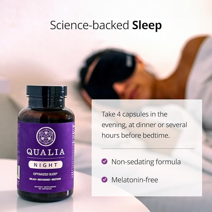 Qualia Night Sleep Aid | Non-Habit Forming | Science-Backed Supplement for Deep Refreshing Sleep | Melatonin-Free, Vegan, Non-GMO, Gluten-Free 80 Count | (1 Month Supply)