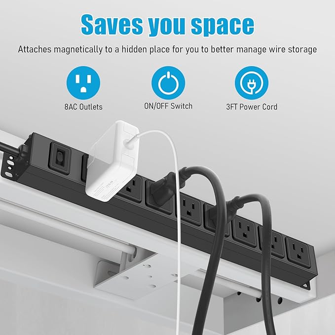 HHSOET Magnetic Mount Power Strip, 8 Outlet Mountable Socket, Metal Heavy Duty Surge Protector, Gaming Table Outlet, Easy to Fix Without Drilling or Taping, 3FT Extension Cord.(Black)