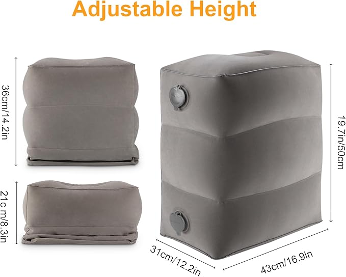 Inflatable Travel Foot Rest Pillow, Kids Airplane Bed, Adjustable Height Leg Pillow for Air Travel, Make a Flat Bed for Kids and Toddlers, Great for Airplane, Train, Car（Grey, 1 Pack）