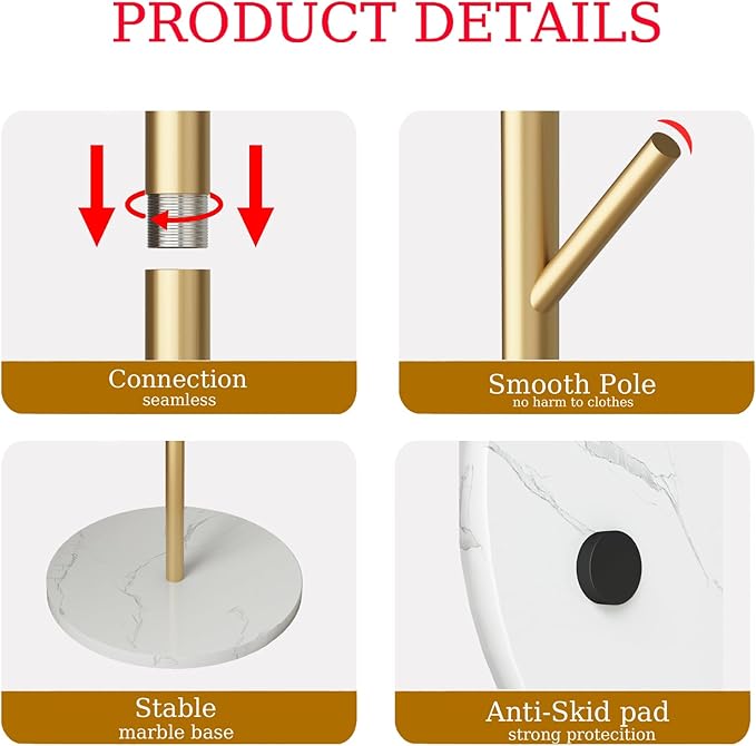 Gold Coat Rack Freestanding, Metal Coat Tree with Marble Base, Coat Rack Stand with 8 Hooks, Entryway Coat Stand for Hanging Clothes, Hats, Bags
