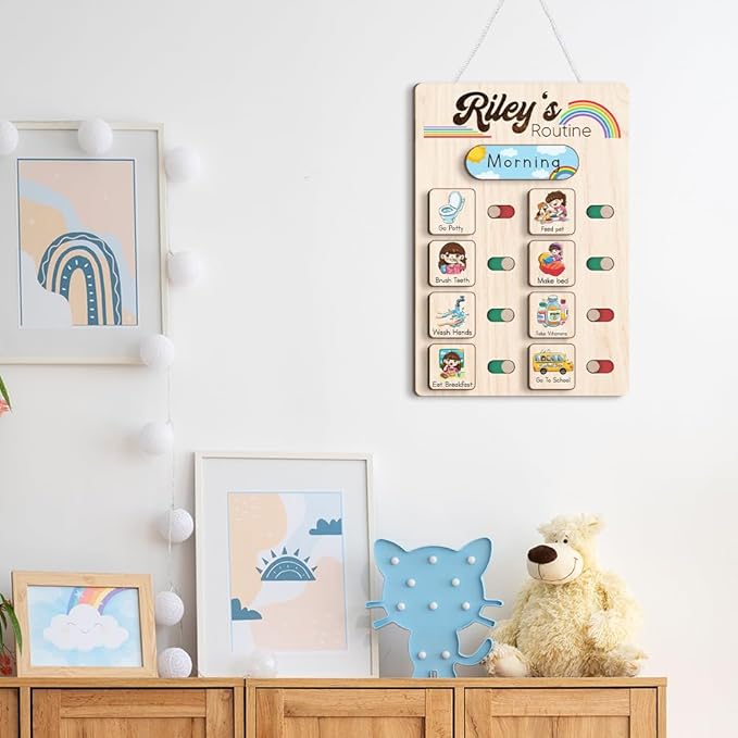 Wooden Chore Chart for Kids Visual Schedule, Routine Chart for Kids, Morning Bedtime Routine Chart for Toddlers Ages 2-4, Daily Kids Schedule Board for Home (08)