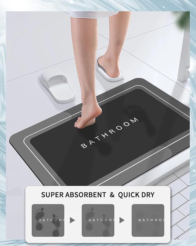 Bathroom Mat Rugs Super Absorbent Shower Mats Non Slip Quick Dry Thin Rubber Mats for Bathroom Floor Fit Under Door, Shower Rug for Bathtub, Shower, Dark Grey