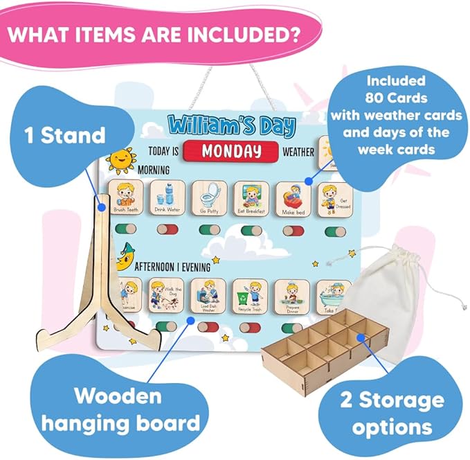 Wooden Chore Chart for Boys, Daily Routine Chart for Kids, Visual Schedule, Chore Reward Chart, Bedtime Morning Routine Chart for Toddlers (04)