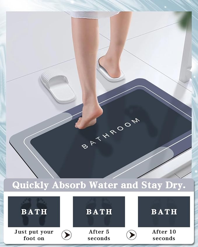 Bath Mats 17x27 Inch, Modernized Magic Mat Bathroom, Rubber Anti Slip Quick Drying Absorbent Bathroom Rug, Shower Room Rugs for in Front of Bathtub, Sink, Blue