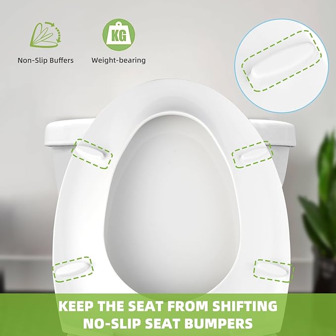 Toilet Seat Elongated with Slow Close Hinges Compatible with TOTO/Kohler/Gerber/American Standard, Universal Oval Fit, Four Bumpers Never Loosen, Two Sets Toilet Bolts and Nuts, Cotton White