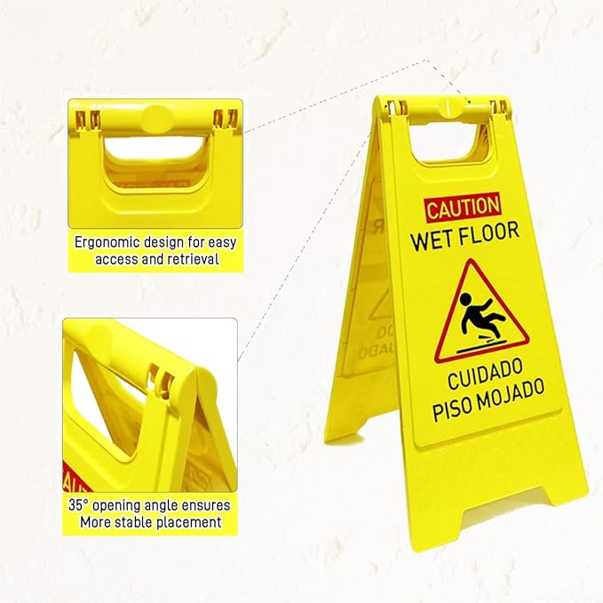 3-Pack Caution wet floor sign, 24 in. (approx. 60 cm) Height,Bright Yellow Double-Sided Folding A-Shaped Frame Design, Bilingual Caution Message
