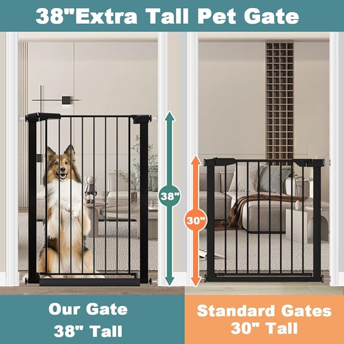 Fairy Baby 38" Extra Tall Baby Gate for Stairs Doorways, Fits Openings 29.5" to 40.5" Wide, Auto Close Extra Wide Dog Gate Indoor for House, Metal Pressure Mounted Safety Child Gate for Pets, Black