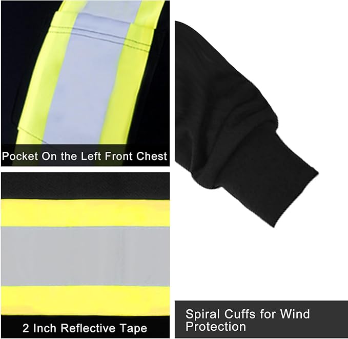 FONIRRA Hi Vis Shirts for Men Reflective ANSI Class 2 Safety Long Sleeve High Visibility Work Construction T Shirts Black