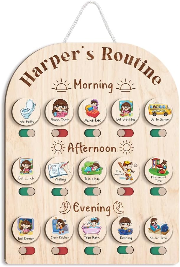 Personalized Wooden Daily Routine Chart, Visual Schedule, Routine Chart for Toddlers, Morning Bedtime Routine Chart for Toddlers (01)