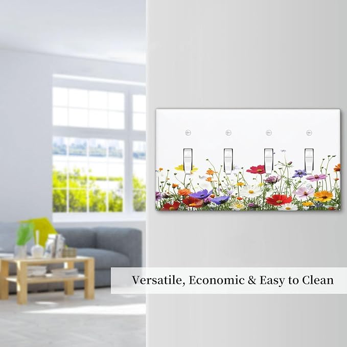 Light Switch Covers Colorful Wildflowers Plant Floral Daisy Quad Toggle Electrical Faceplate 4 Gang Wall Plate Decorative Switch Plates For Bed Room Living Room Decor