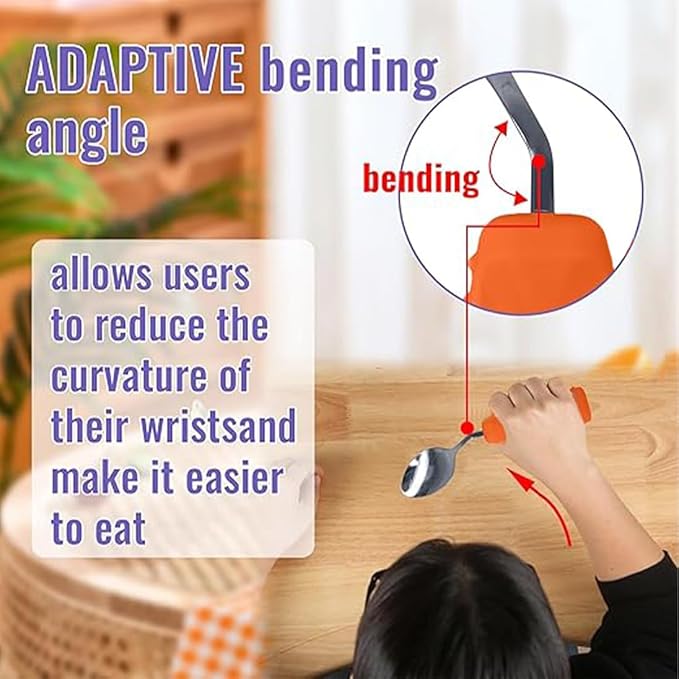 Adaptive Utensils,Weighted Angled Silverware,Parkinsons Aids,Angled Silverware Spoon and Fork Set for Elderly, Arthritis, Dementia, Disable, Handicapped Hands (Right Hand,Pack of 2,Orange)