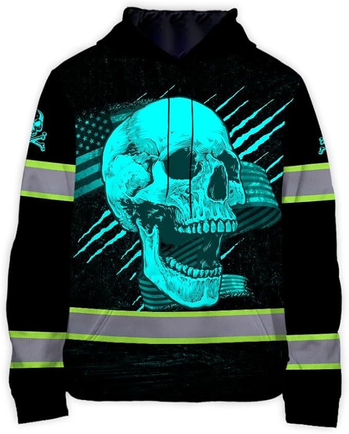 Matedecor Skull US Flag Reflective High Visibility Hoodie For Men Construction Hi Vis Safety Workwear Custom Name