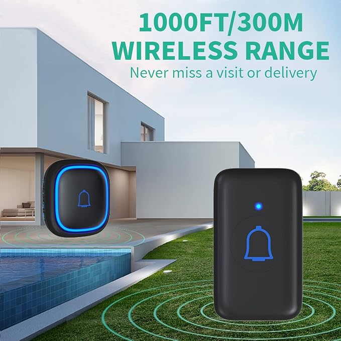 Wireless Doorbell Kits with 2 Receivers IP66 Waterproof 1000ft Range Door Bell for Classroom Teachers with 66 Ringtones 7 Levels Volume 115dB and LED Flash Memory Function Doorbell Chime for Home