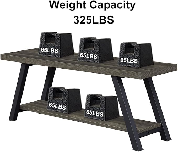LVB Storage Bench, Industrial Indoor Entryway Bench, Wood Metal Hallway Accent Bench for Sitting, Rustic Shoe Rack Organizer Cabinet in Foyer Bedroom Living Room, Dark Gray Oak, 47 Inch Long