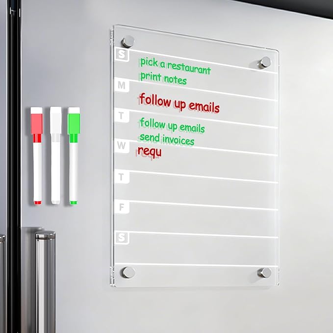 Magnetic Dry Erase Weekly Planner Board for Fridge, 12 X 8 inch Acrylic Calendar Whiteboard with 3 Markers