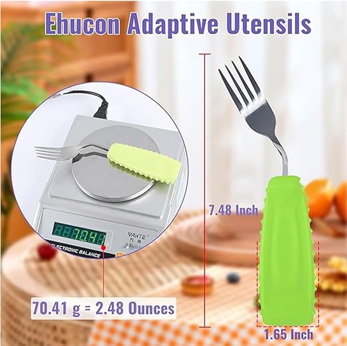 Adaptive Utensils,Weighted Angled Silverware,Parkinsons Aids,Curved Non-Slip Easy Grip Spoon and Fork Set for Tremors,Disabled,Handicap,Elderly,Arthritis (Right Hand,Pack of 2,Green)