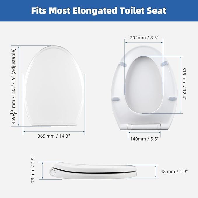 Universal Elongated Toilet Seat with Softclose Cover, One-Click to Quick Release, Compatible with TOTO/Gerber/Kohler Oval Toilet Seats, 2-Pack Toilet Bolts and Nuts, Non-Slip Toilet Bumpers, White