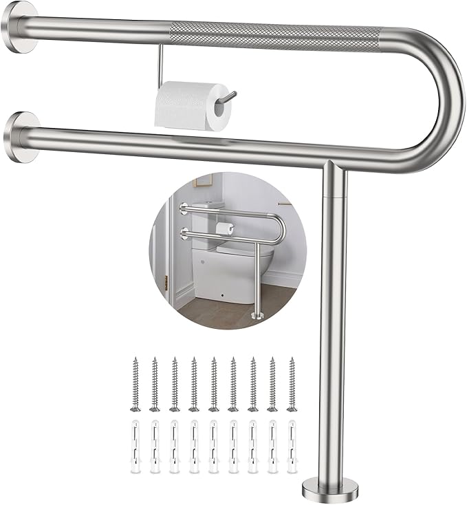Toilet Grab Bar with Leg 31.5x28 Inch, ZUEXT Brushed Nickel Knurled Toilet Support Bar with Toilet Paper Holder,Stainless Steel Wall & Floor Mounted Bathroom Support Rail for Elderly Disabled Pregnant