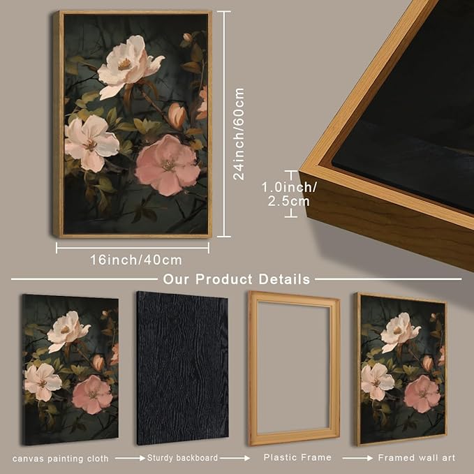 IARTTOP Large Black Floral Framed Canvas Wall Art 16x24 Inch Dark Moody Floral Art Prints Set of 3 Modern Botanical Wildfower Wall Decor for Living Room Bedroom Office
