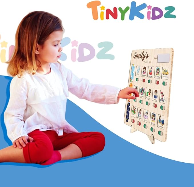 Personalized Wooden Daily Routine Chart 11.8x11.8", Visual Schedule, Chore Chart for Kids, Morning Bedtime Routine Chart for Toddlers (09)