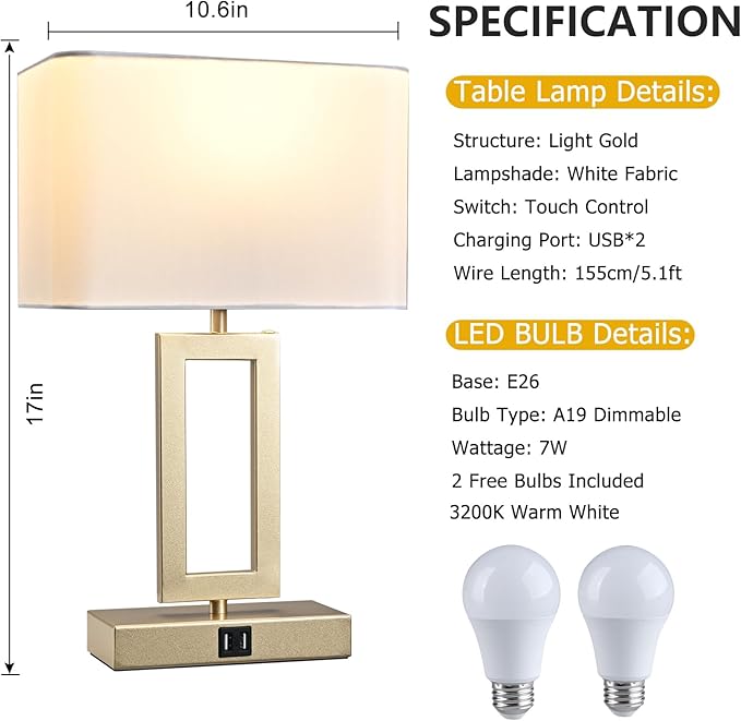 Set of 2 Table Lamps with Dual USB Ports,Touch Control Bedside Lamps Nightstand Lamps for Bedroom, 3-Way Dimmable Modern Desk Lamps Living Room Office, LED Bulbs Included, Gold&White
