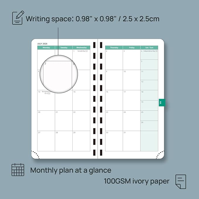 POPRUN 2026 Pocket Planner (Slim Size 3.5" x 6.5") Weekly and Monthly Calendar for Purse, with Hourly Time Slots, 100GSM Thick Paper, Spiral Soft Cover, Pen Holder - Green