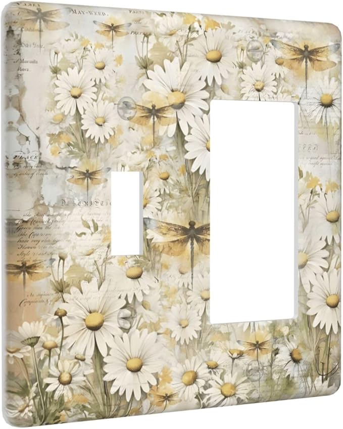 Vintage Letter Paper Wildflowers Dragonfly Daisy Floral Outlet Covers 1 Toggle 1 Rocker Combination Decorative Wall Plate Electrical Switch Plates Light Switch Cover Plate for Farmhouse Bedroom Decor