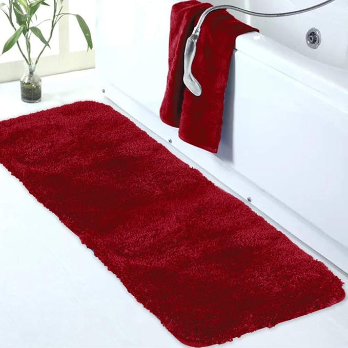 Walensee Shaggy Bath Mat (24 x 60, Red) - Luxury Machine Washable Microfiber Rug with Extra Soft, Absorbent Pile and Non-Slip Backing for Bathroom Floor