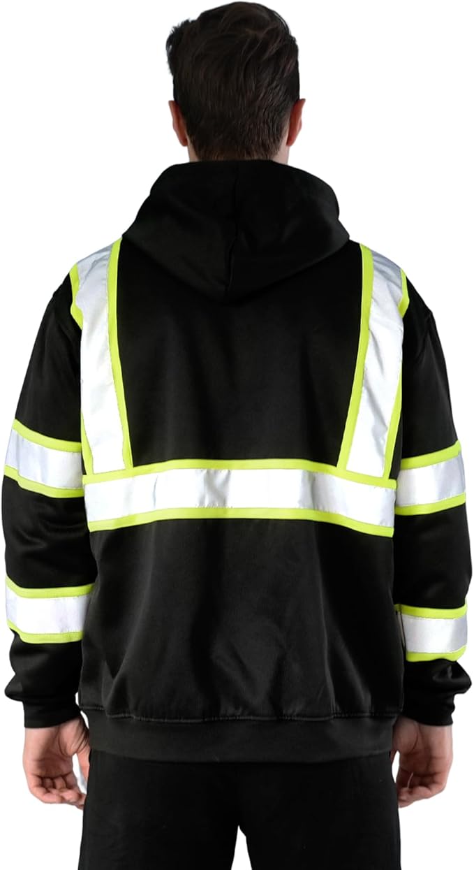 sesafety High Visibility Safety Sweatshirt for Men, Class 3 Reflective Zippered Hooded Sweatshirt, Hi-Vis Safety Hoodie with Black Bottom