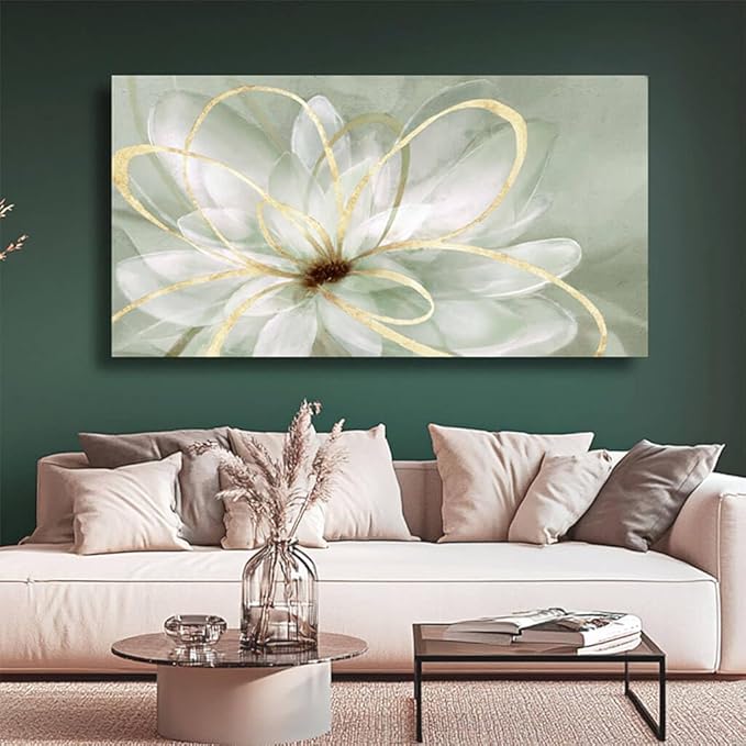 Artexist Flower Wall Decor White Blossom Plant Gold Line Canvas Painting Modern Hand Painted Wall Art for Living Room Bedroom Office 29x58 Inch